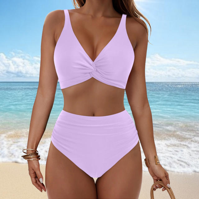 Women Twist Front High Waisted Bikini V Neck Ruched Bathing Suit PQ-M023