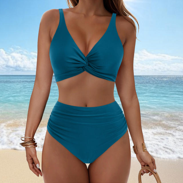 Women Twist Front High Waisted Bikini V Neck Ruched Bathing Suit PQ-M023