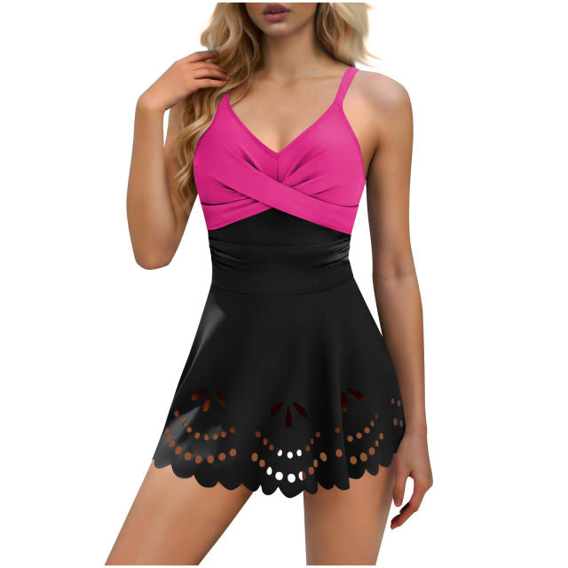 Women's Tankini Swim Dress, Tummy Control One-Piece Swimsuit with Laser Cutout Hem PQ2528