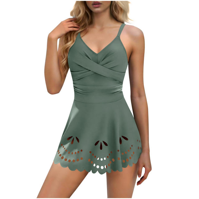 Women's Tankini Swim Dress, Tummy Control One-Piece Swimsuit with Laser Cutout Hem PQ2528