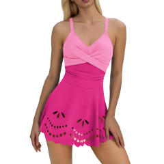 Women's Tankini Swim Dress, Tummy Control One-Piece Swimsuit with Laser Cutout Hem PQ2528