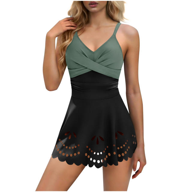 Women's Tankini Swim Dress, Tummy Control One-Piece Swimsuit with Laser Cutout Hem PQ2528