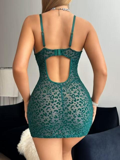 Leopard Babydoll Lingerie Sexy Lace Chemise Valentine Day Nightdress Mesh Nightie PQ8724