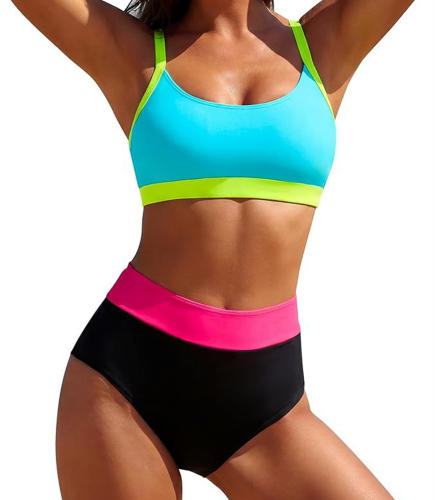 Women's Color Block Two-Piece Bikini Set, High Waist Bottom with Crossback Sports Top PQ6050