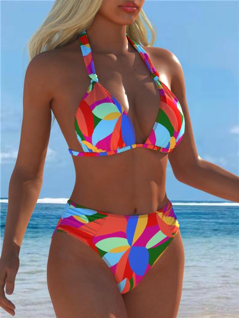 Women Geometric Print Halter Triangle Bikini Set, High Waist Two-Piece Swimsuit PQ2509