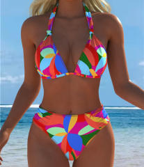 Women Geometric Print Halter Triangle Bikini Set, High Waist Two-Piece Swimsuit PQ2509