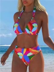 Women Geometric Print Halter Triangle Bikini Set, High Waist Two-Piece Swimsuit PQ2509