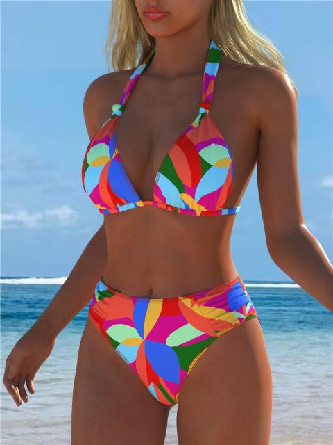 Women Geometric Print Halter Triangle Bikini Set, High Waist Two-Piece Swimsuit PQ2509