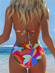 Women Geometric Print Halter Triangle Bikini Set, High Waist Two-Piece Swimsuit PQ2509