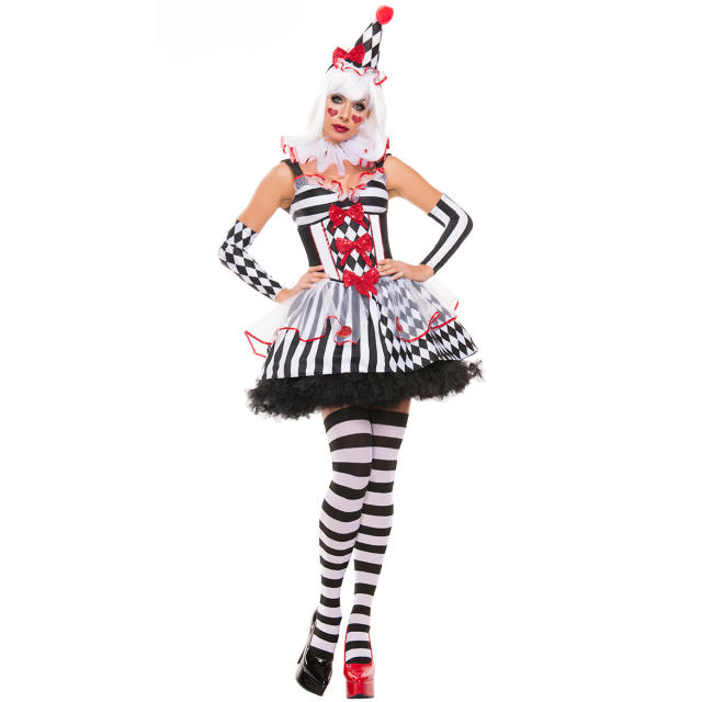 Women Cute Circus Clown Cosplay Fluffy Tutu Dress Halloween Party Role Play Costume PQ7081