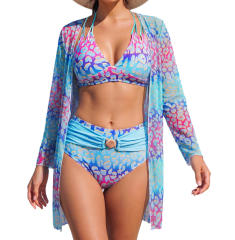 Women's 3-Piece Bikini Set with Cover-Up, High Waist, Shell Buckle, Beach Swimsuit PQ2606
