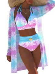 Women's 3-Piece Bikini Set with Cover-Up, High Waist, Shell Buckle, Beach Swimsuit PQ2606