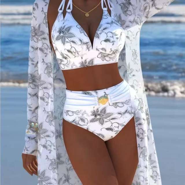Women's 3-Piece Bikini Set with Cover-Up, High Waist, Shell Buckle, Beach Swimsuit PQ2606
