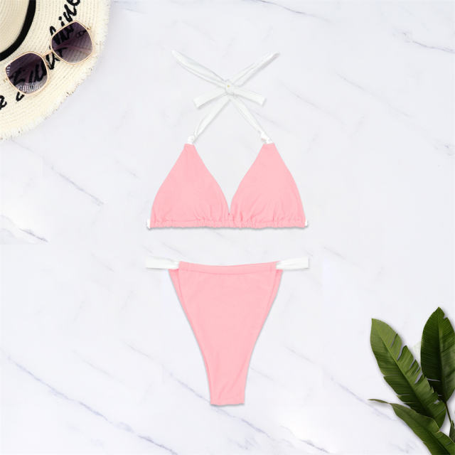 Red and White Halter Bikini Set For Woman Tie Side, Triangle Top PQ5073
