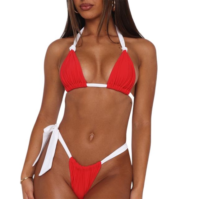 Red and White Halter Bikini Set For Woman Tie Side, Triangle Top PQ5073