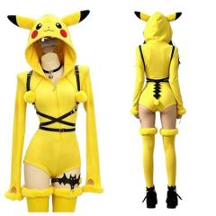 Women Anime Pikachu Cosplay Outfit Yellow Hood Jumpsuit Halloween Costume PQ0919