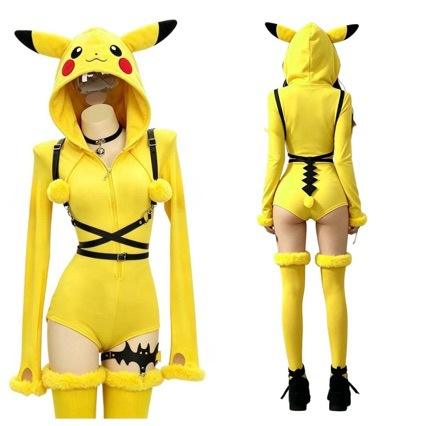 Women Anime Pikachu Cosplay Outfit Yellow Hood Jumpsuit Halloween Costume PQ0919