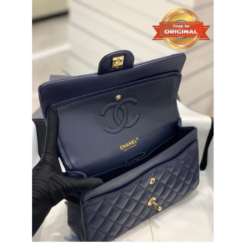 [True-to-ORIGINAL] Chanel Small Classic Handbag Dark Blue For Women 9.8in/25cm A01113