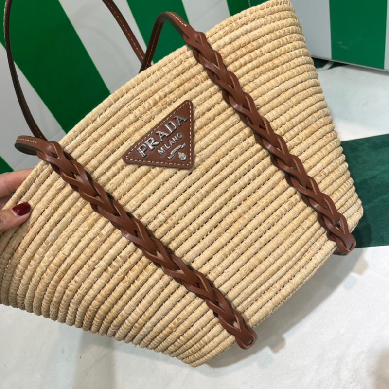 Prada Straw And Shoulder Tote Bag In Beige For Women 9.8 in/25cm