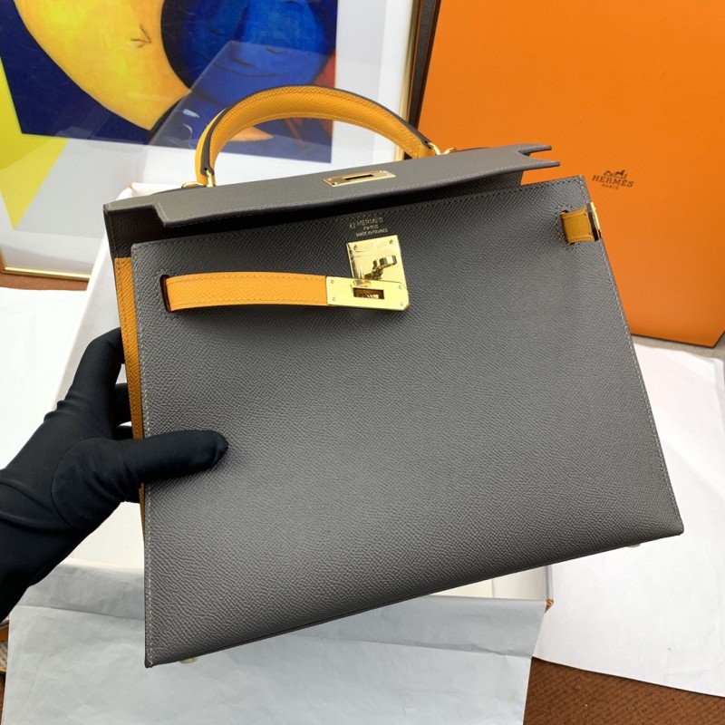 Hermes Kelly 28 Sellier Epsom Dark Grey/Yellow Bag For Women, Women’s Handbags, Shoulder Bags 11in/28cm