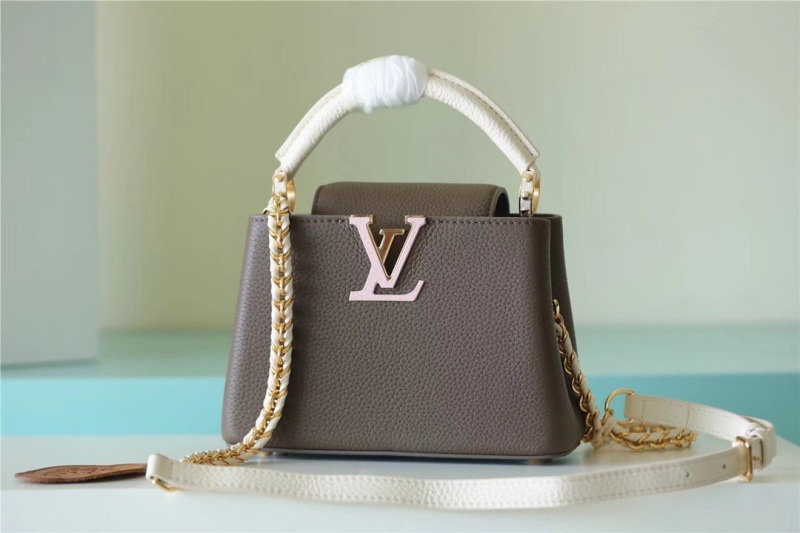 Louis Vuitton Capucines Mini Taurillon Smokey Brown Green/ Creme/ Pink For Women, Women’s Handbags, Shoulder And Crossbody Bags 21cm/8.3in LV