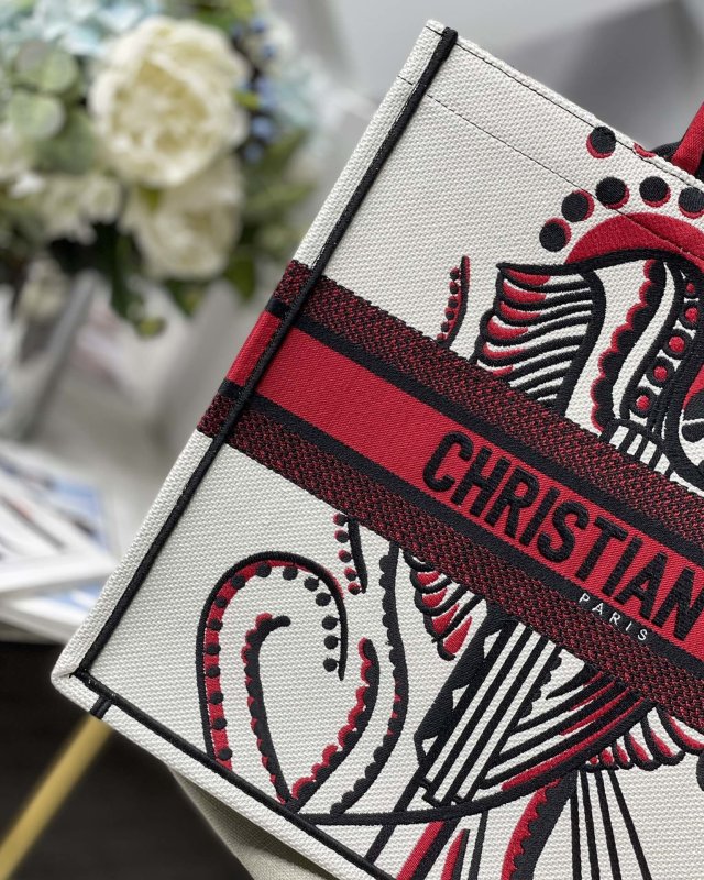 Christian Dior Large Dior Book Tote Latte Multicolor Cupidon Embroidery, Red/White, For Women Women’s Handbags, 41cm CD M1296ZTQG_M941