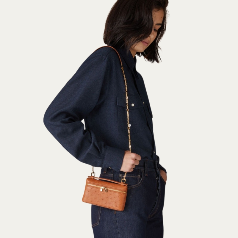 [True-to-ORIGINAL]Loro Piana Extra Pocket Mini Pouch Cognac For Women 5.9in/15cm FAN9926 E445