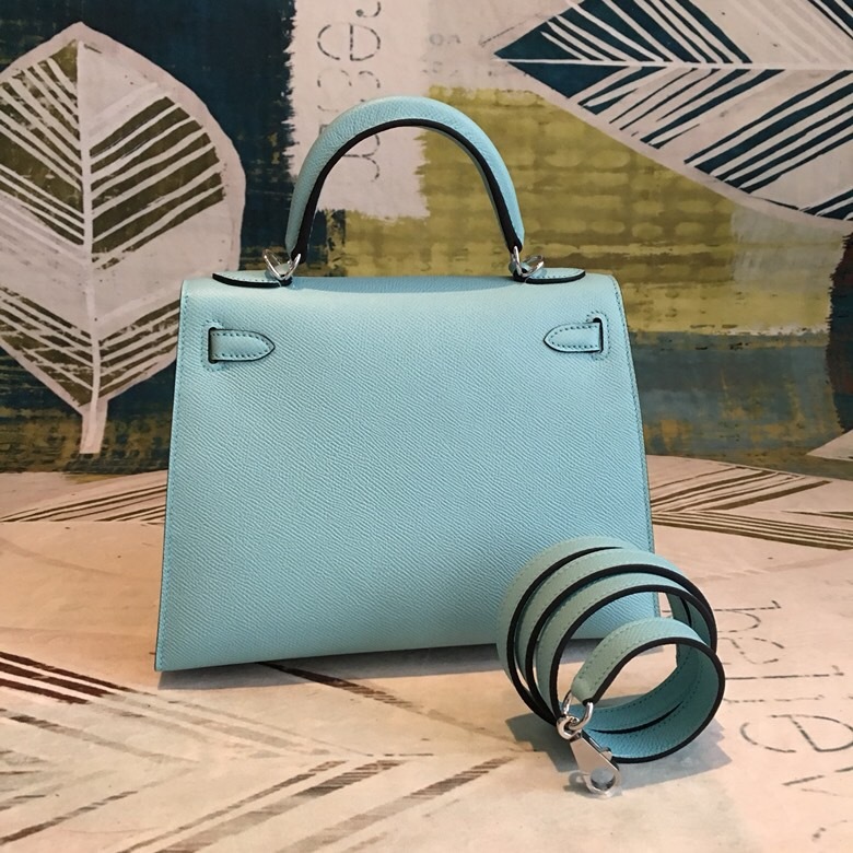 Hermes Kelly Light Blue For Women Silver Toned Hardware 10in/25cm