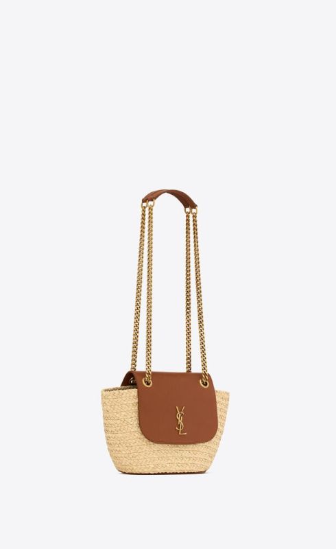 Saint Laurent Mini Manon In Raffia And Aged Vegetable-Tanned Beige For Women 9.1 Inches/ 23 Cm 774269GAAED9051