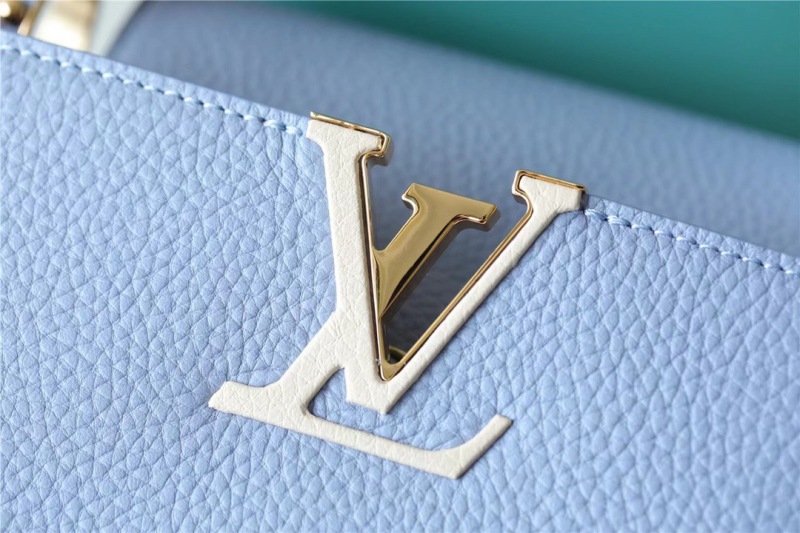 Louis Vuitton Capucines MM Taurillon Light Blue/ Beige For Women, Women’s Bags, Shoulder And Crossbody Bags 12.4in/31.5cm LV