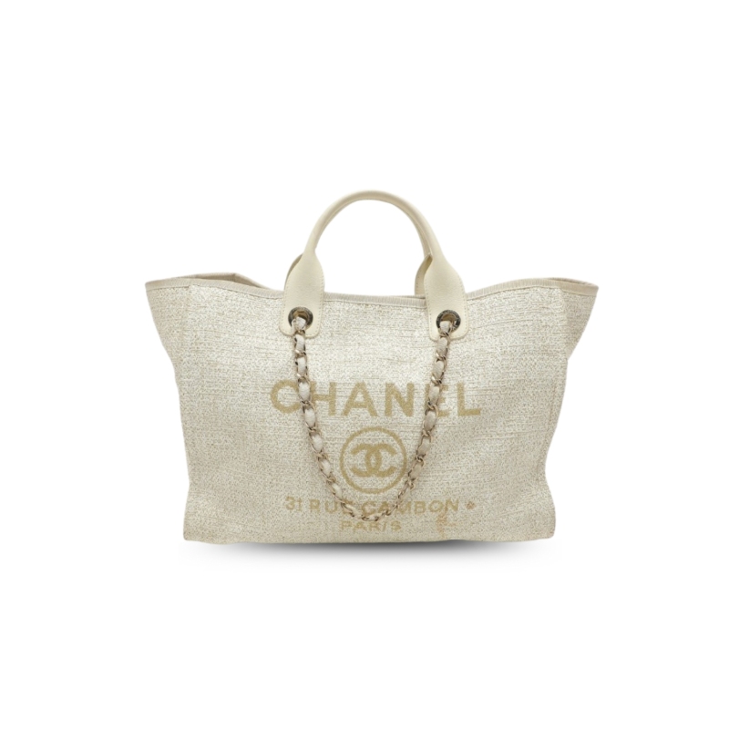 Chanel Deauville Tote Tweed Canvas Bag Fall/Winter Collection, Beige/Cream/Gold/Multi For Women 15in/38cm