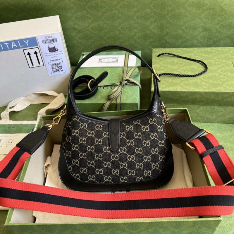Gucci Jackie 1961 Small Shoulder Bag Black And Ivory GG Denim Jacquard For Women 11in/28cm 678843 UN3AG 1294