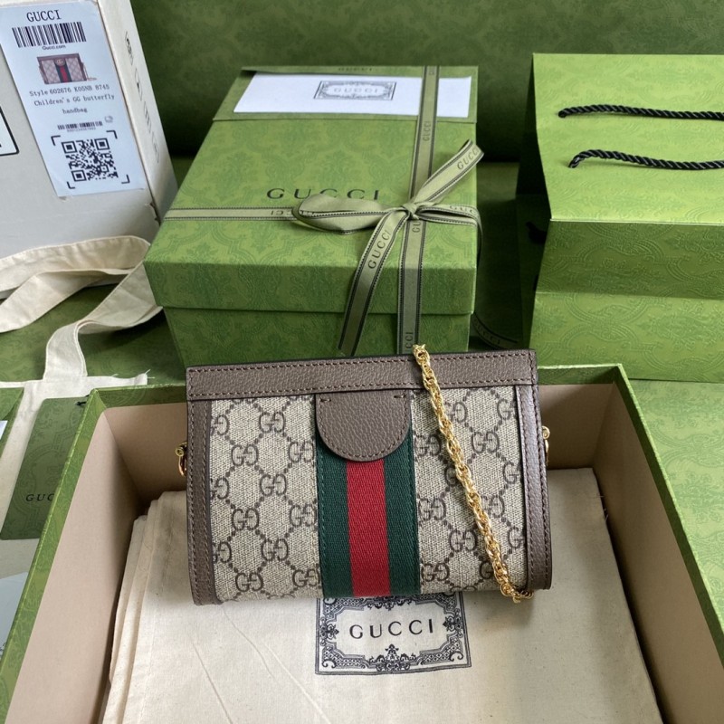 Gucci Ophidia Mini Shoulder Bag Beige/Ebony GG Supreme Canvas Green And Red Web Detail Brown For Women  7.5in/19cm GG 602676 K05NB 8745