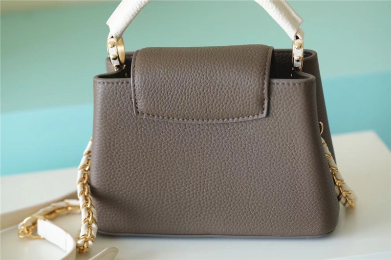Louis Vuitton Capucines Mini Taurillon Smokey Brown Green/ Creme/ Pink For Women, Women’s Handbags, Shoulder And Crossbody Bags 21cm/8.3in LV