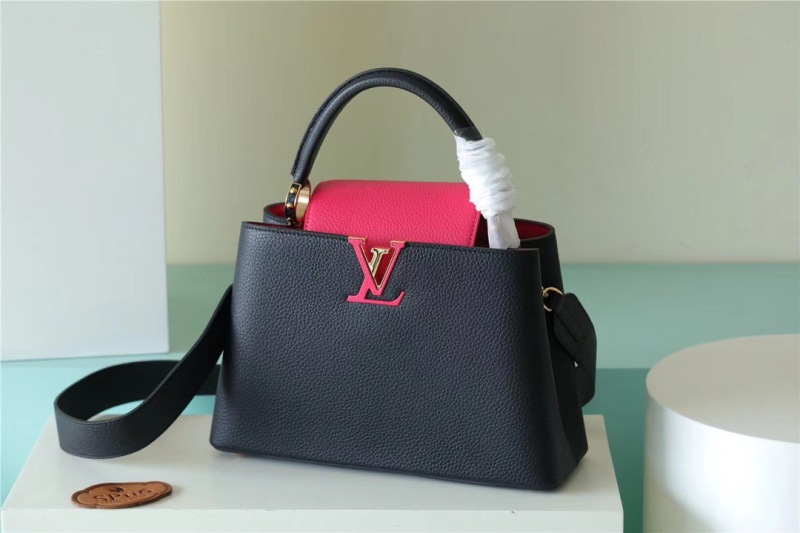 Louis Vuitton Capucines MM Taurillon Black/ Rose Berlingot For Women, Women’s Bags, Shoulder And Crossbody Bags 12.4in/31.5cm LV M59882