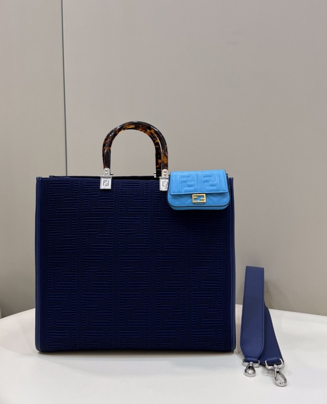 Fendi Sunshine Medium Navy Blue FF fabric shopper Bag For Woman 31cm/12in