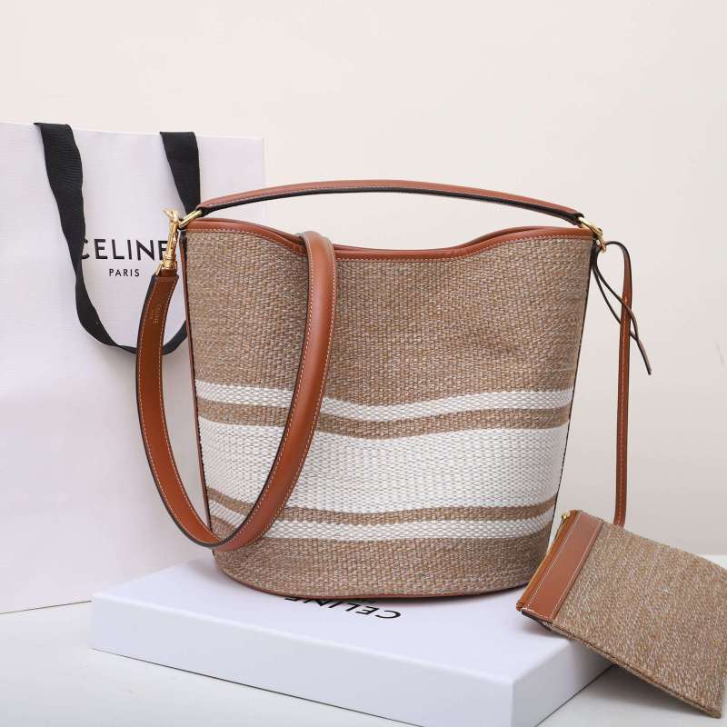 Celine Bucket 16 Bag In Striped Textile Beige For Women 9.8in/25cm