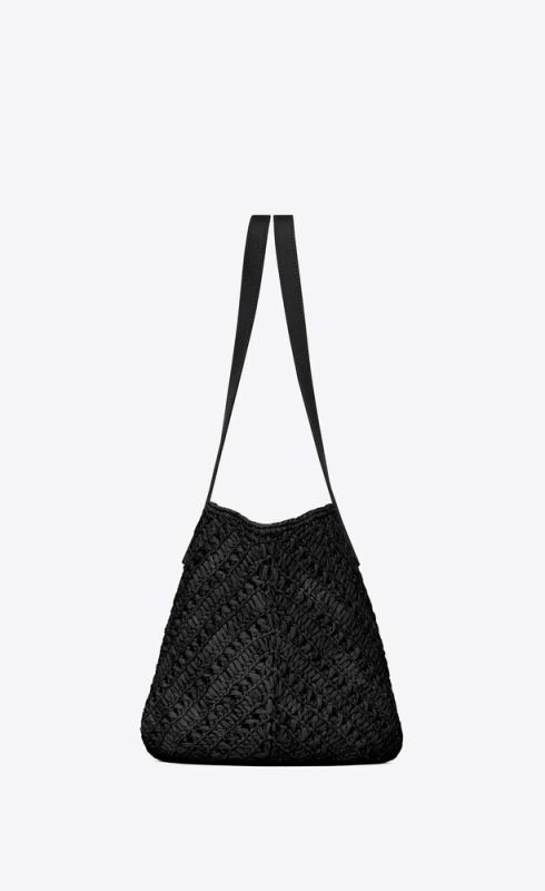 Saint Laurent Panier Small In Raffia And Vegetable-Tanned Black For Women 15 Inches/ 38 Cm 751240GAADP1000