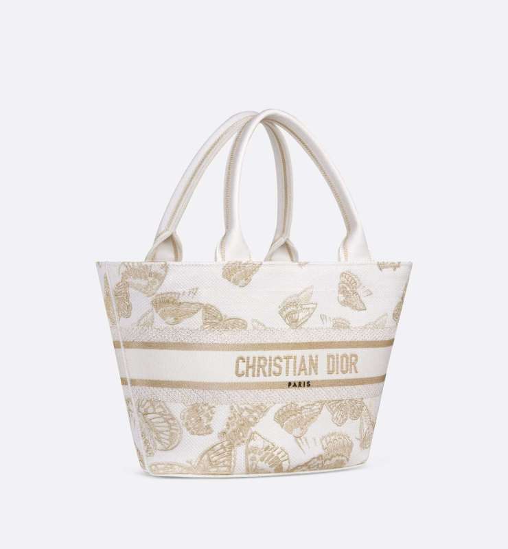 Christian Dior Hat Basket White And Gold-Tone Bag For Women M1328CECH_M01E- 10.5 Inches/ 27 Cm