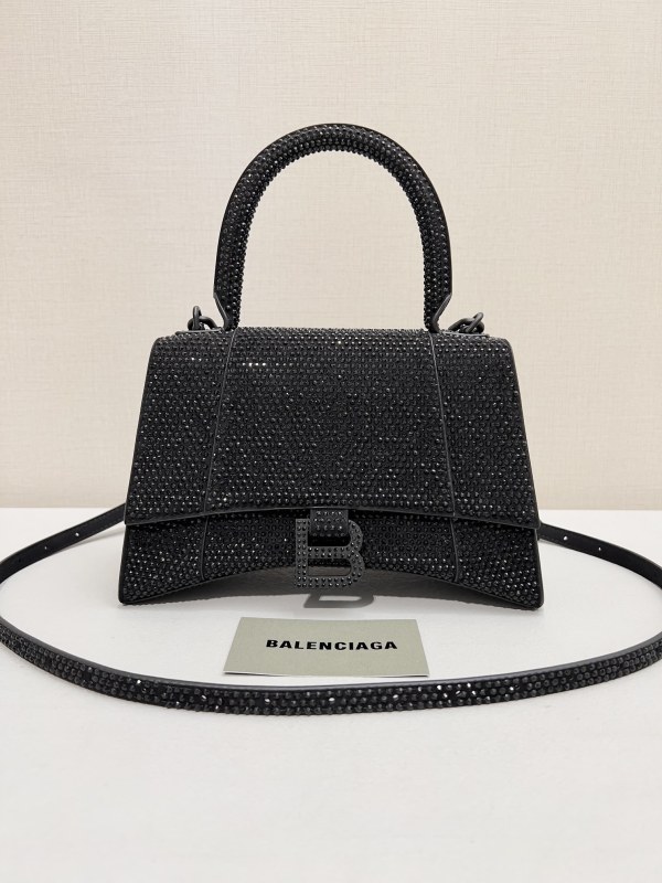[True-to-ORIGINAL] Balenciaga Furry Hourglass Small Handbag With Rhinestones In Black For Women 24cm/9.4in