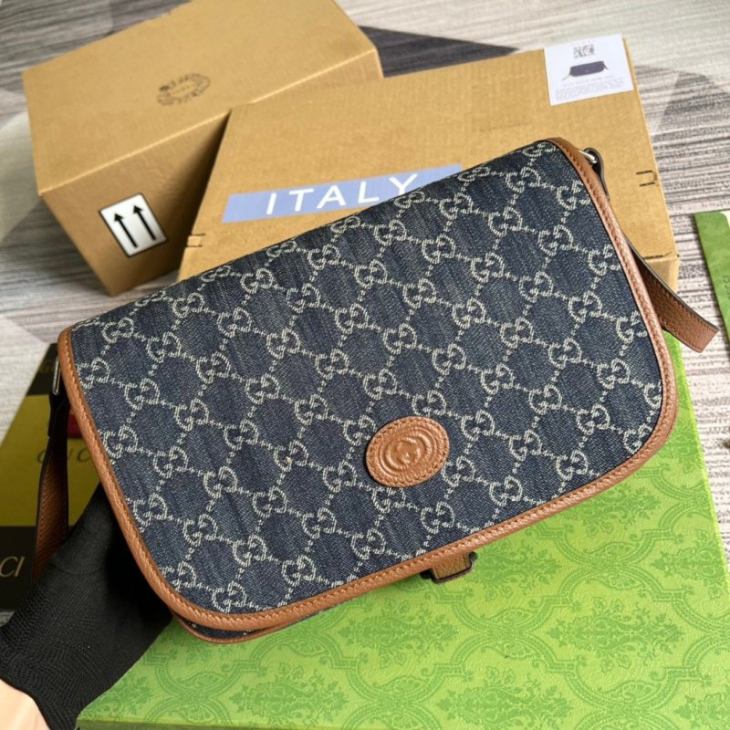 Gucci Children’s GG  Messenger Bag Dark Blue And Ivory Eco Washed Organic GG Jacquard Denim For Women  11.4in/29cm GG