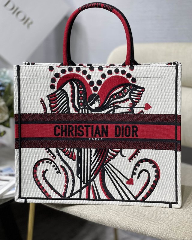 Christian Dior Large Dior Book Tote Latte Multicolor Cupidon Embroidery, Red/White, For Women Women’s Handbags, 41cm CD M1296ZTQG_M941