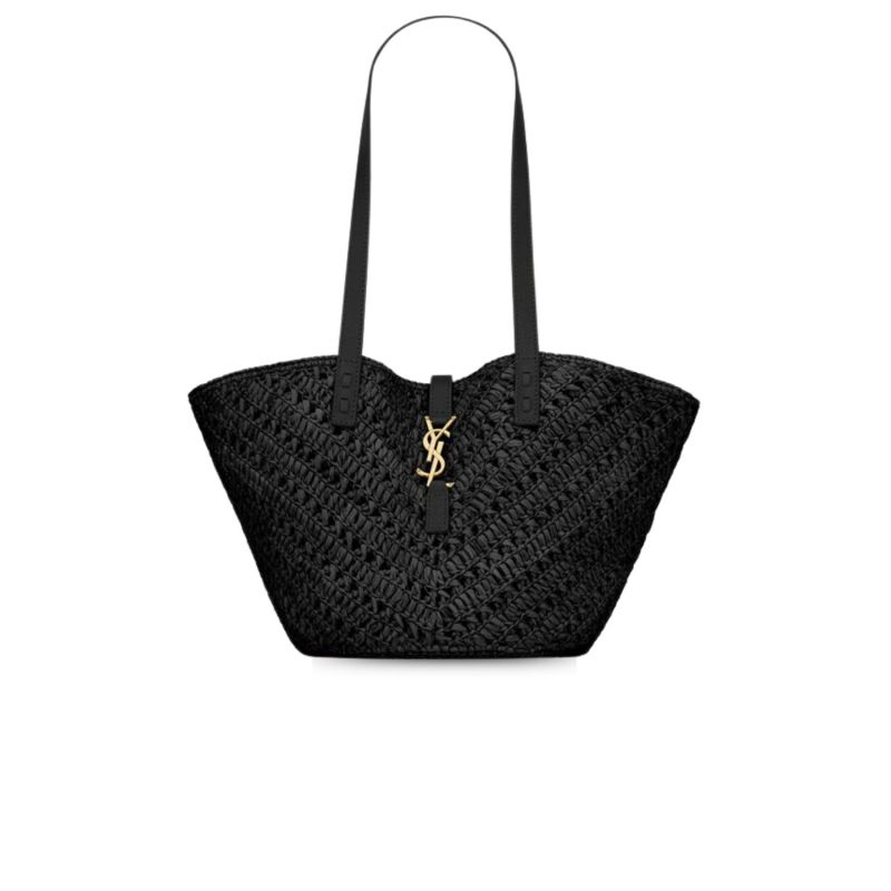 Saint Laurent Panier Small In Raffia And Vegetable-Tanned Black For Women 15 Inches/ 38 Cm 751240GAADP1000