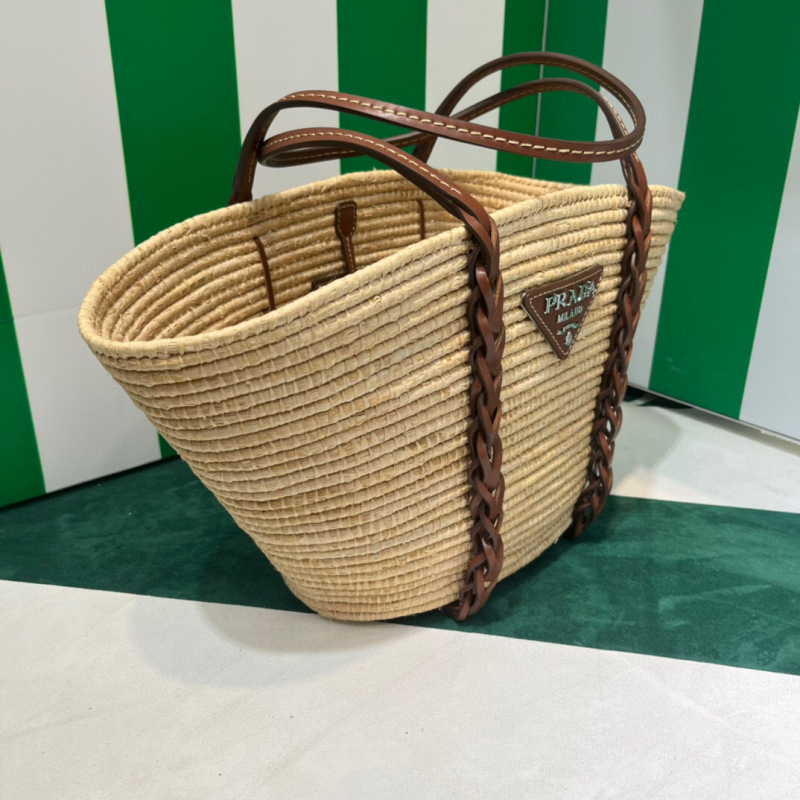 Prada Straw And Shoulder Tote Bag In Beige For Women 9.8 in/25cm