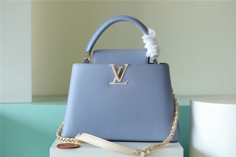 Louis Vuitton Capucines MM Taurillon Light Blue/ Beige For Women, Women’s Bags, Shoulder And Crossbody Bags 12.4in/31.5cm LV
