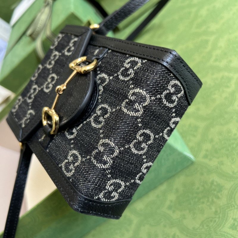 Gucci Horsebit 1955 Mini Bag Black And Ivory GG Denim Jacquard For Women 6.7in/17cm 625615 UN3BG 1274