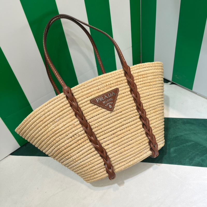 Prada Straw And Shoulder Tote Bag In Beige For Women 9.8 in/25cm