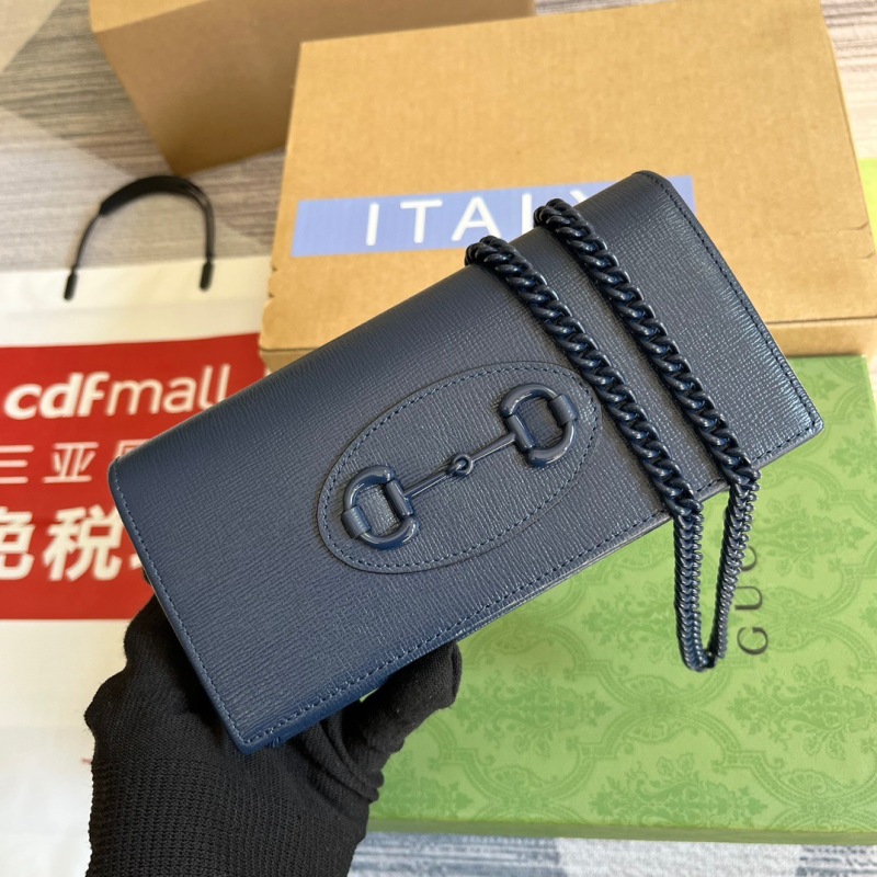 Gucci GG Horsebit 1955 Wallet With Chain Black/Navy Blue/Purple For Women ‎621892 1AAJ8 1000 7.5 in/ 19 cm