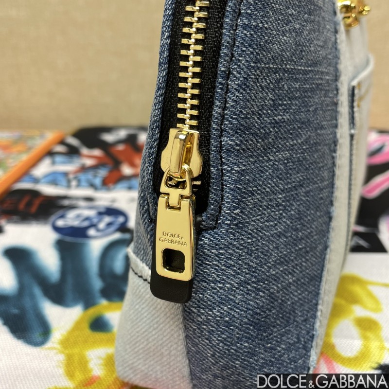 Dolce & Gabbana Patchwork Denim Make-Up Bag With Baroque Logo Grey For Women 9.4in/24cm