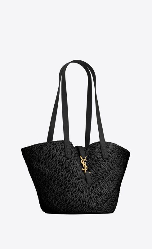 Saint Laurent Panier Small In Raffia And Vegetable-Tanned Black For Women 15 Inches/ 38 Cm 751240GAADP1000